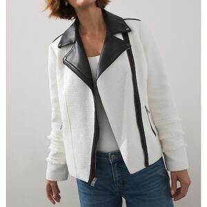 CHICO'S Tweed and Faux Leather Moto Jacket Asymmetric Full Zip White Black Large